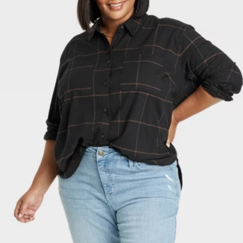 Ava & Viv Plaid Flannel Button-up Shirt Women's XL Black Boho Retro Holiday